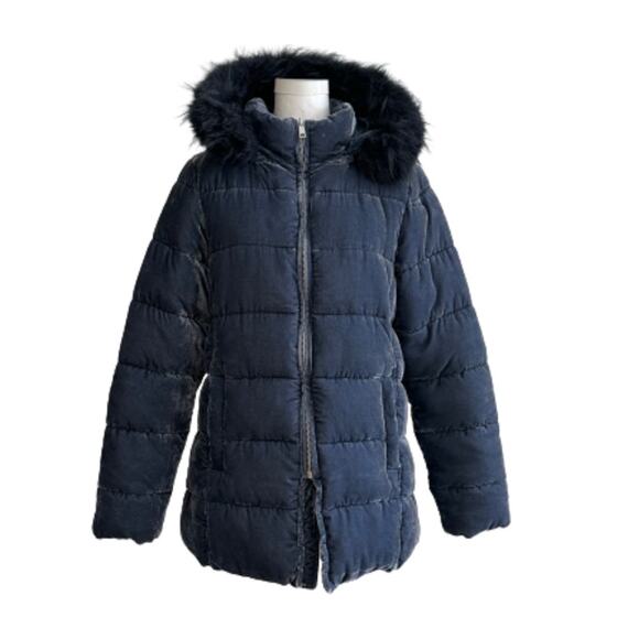 Loft Blue Faux Fur Detachable Hood Crushed Velvet Puffer Quilted Coat Small - Picture 1 of 13